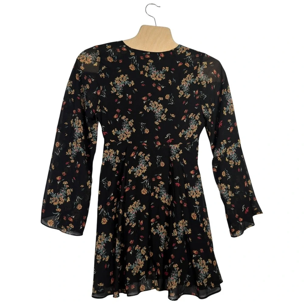 Free People Floral Bell Sleeve Mini Dress Boho Empire Waist XS‎ S